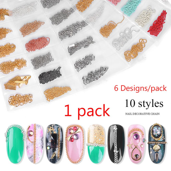 6 designs/pakke Nail Art Metal Kæde Legering Studs DIY Manicure 01