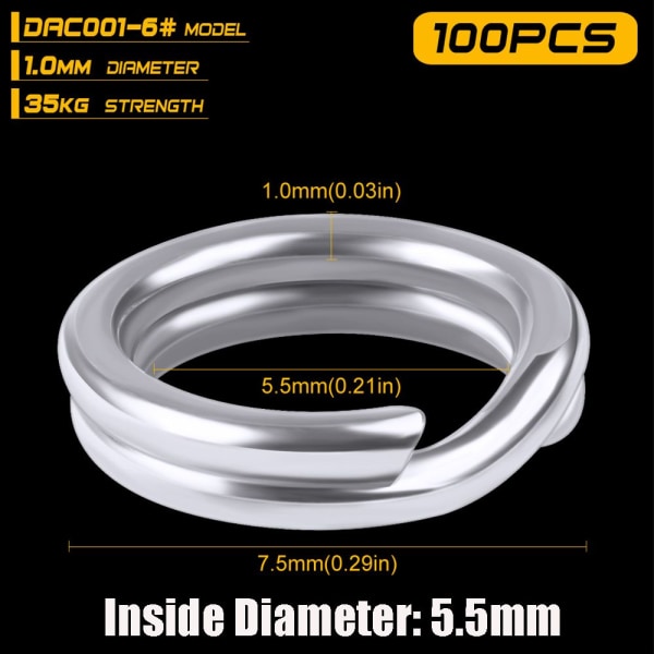 100st Fish Connector Fishing Split Rings Swivel Snap 5,5MM