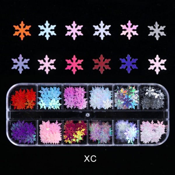 12 väriä/laatikko Nail Sequins Christmas Snowflakes XC