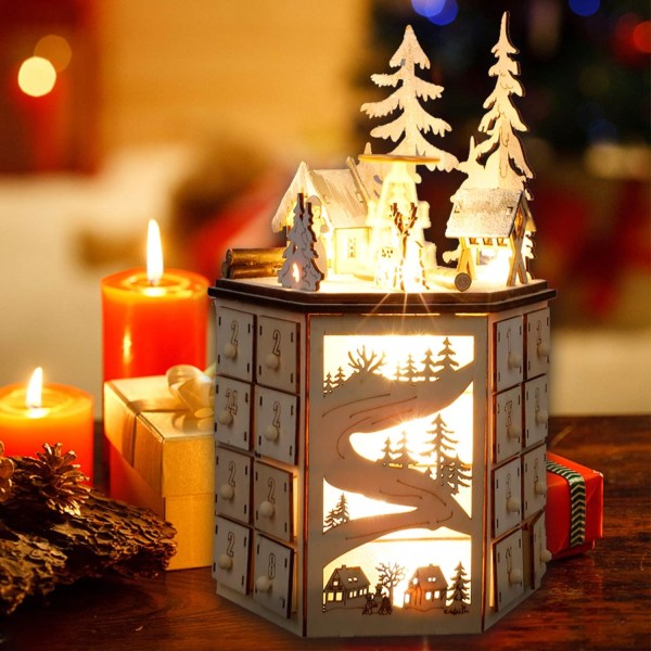 LED Revolving Music Box Adventskalender dekorerad med julgran