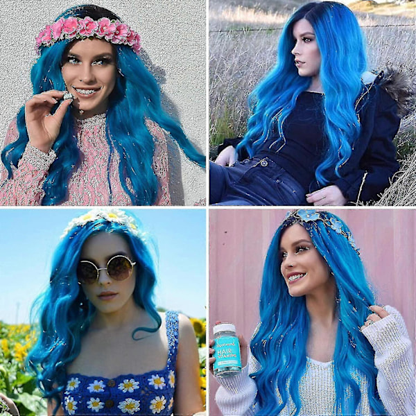 Blå peruk för kvinnor, långt blått lockigt vågigt hår perfekt för vardag, fest, cosplay