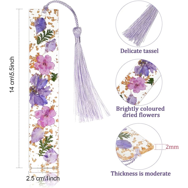 4 Stycken Bokmärken i Harts med Torkade Blommor och Färgglada Silkeslena Tofsar