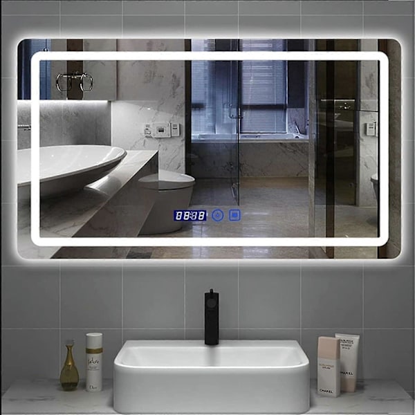 Smart Badrumsspegel med Justerbara LED-lampor Touch Switch Tid LED Belyst Sminkspegel Väggspegel Anti-im Badrumsspegel, 50 * 60cm