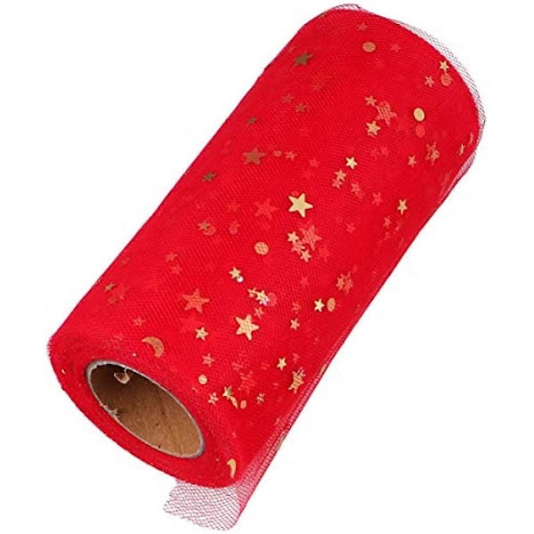 HEALLILY 1 Rulle Meshband Bredd Nyckfullt Band med Guldstjärna Måne Paljett DIY Hantverk Webband för Presentinslagning Hem Bröllop Tårtdekoration 2280x15c Red