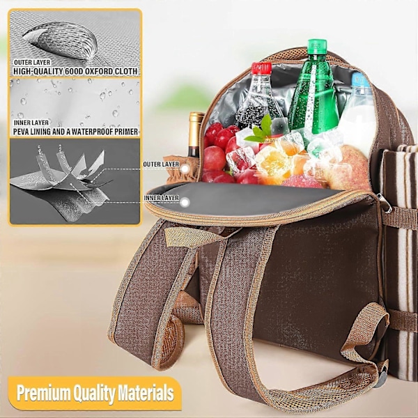 Picknickryggsäck för 4 personer, isolerad picknickväska med filt, kylfack, vinväska - Perfekt picknickryggsäck för utomhusbruk med familjen