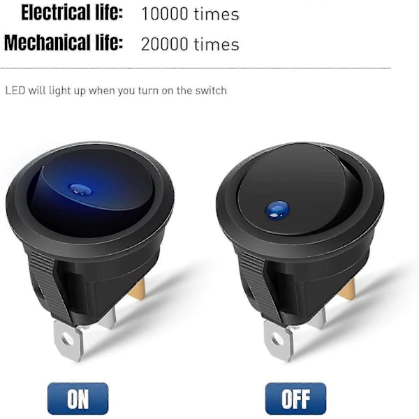 10st Ljusströmbrytare 12V LED Vippströmbrytare 12V 3-läges Spärrande SPST-brytare Rund Knapp För Bil Båt Hushållsapparater, Med 5 Färger