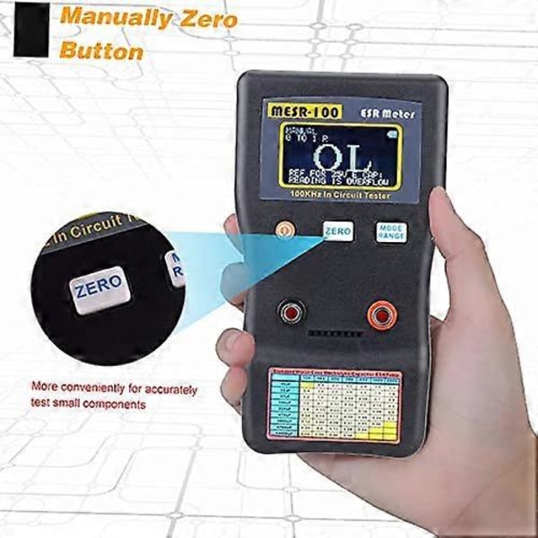 MESR-100 Kondensatortestare Geevorks ESR-mätare In-Circuit Kondensatortestare Upp till 0001-1000R Auto-Ranging Ohmmeter