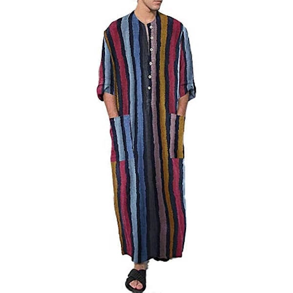 Herr Morgonrock Bomull Pyjamas Långärmad Knäppning V-ringad Retro Randig Nattlinne Lounge Kläder Storlek Small Till