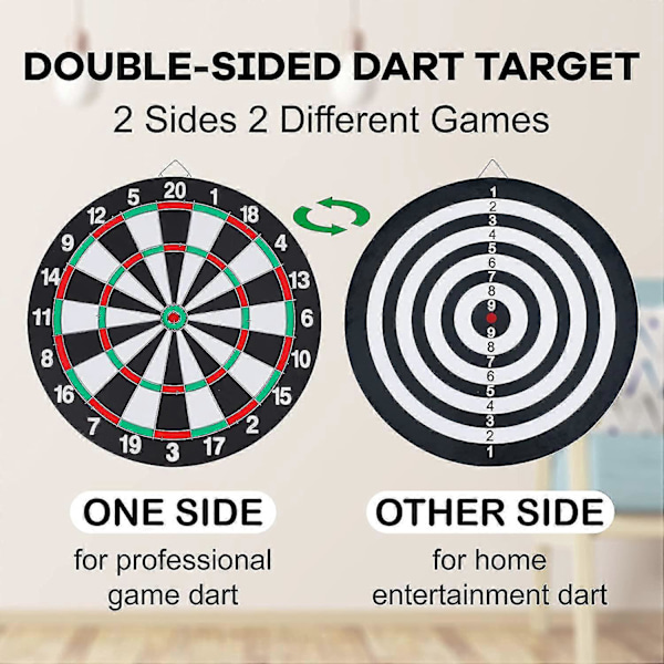 Darttavla Set, dubbelsidig 15 tums darttavla med 6 mässings-plast dartpilar, man cave-grejer för vuxna, barer, arkadhallar, biljardrum, familjefritid