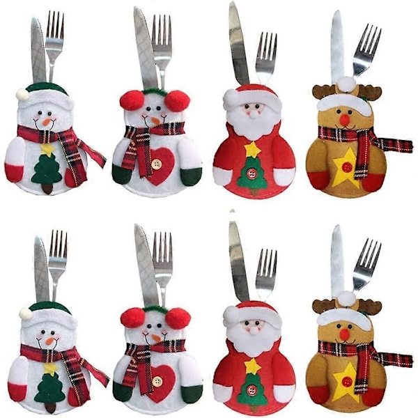 Kaxich 8 st Jul Bestickhållare Set Silverbestick Fickor Knivar Gafflar Bordsdekoration Väska Förvaringsöverdrag Jul Julfest Dekorationer Snowman