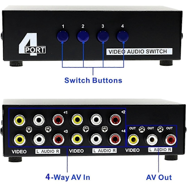 4-vägs AV-switch RCA-omkopplare 4 in 1 ut Kompositvideo L/R Stereo Ljudväljare Box för DVD STB Spelkonsoler, Standard RCA-kontakter