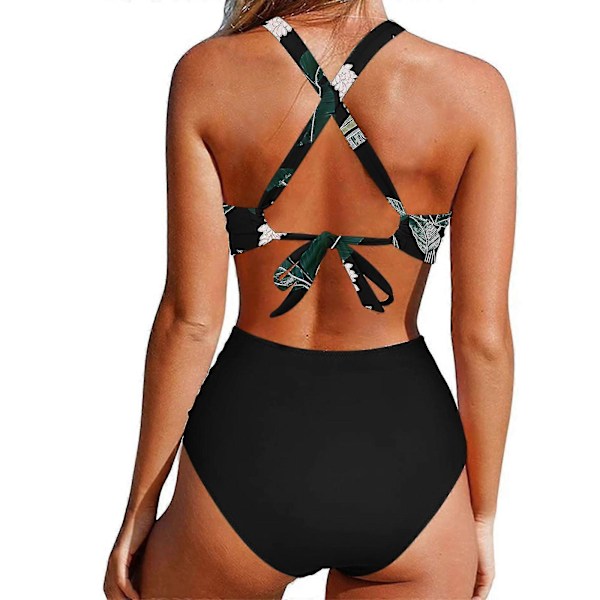 Kvinnor främre kors urklippt baddräkt i ett stycke magkontroll badkläder tankini monokini strandkläder Black XXL