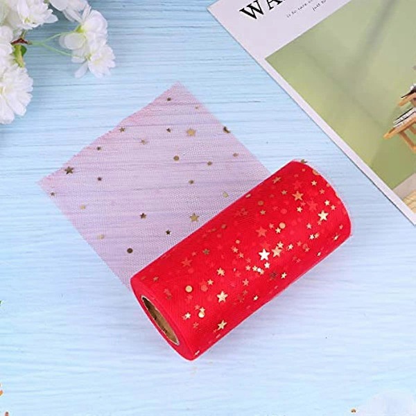 HEALLILY 1 Rulle Meshband Bredd Nyckfullt Band med Guldstjärna Måne Paljett DIY Hantverk Webband för Presentinslagning Hem Bröllop Tårtdekoration 2280x15c Red