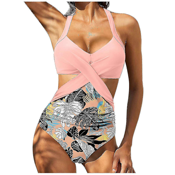 Kvinnor främre kors urklippt baddräkt i ett stycke magkontroll badkläder tankini monokini strandkläder Pink XL