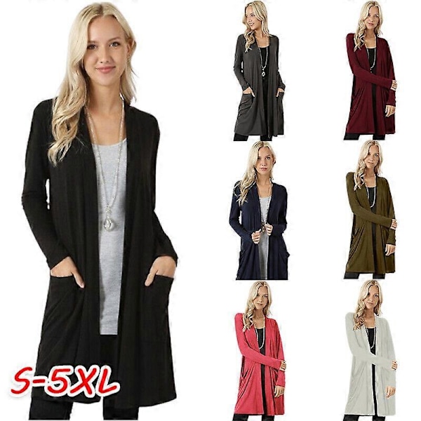 Långärmad, slapp kofta för damer, öppen framtill, draperad med fickor, mellanlång+ Grey XXL