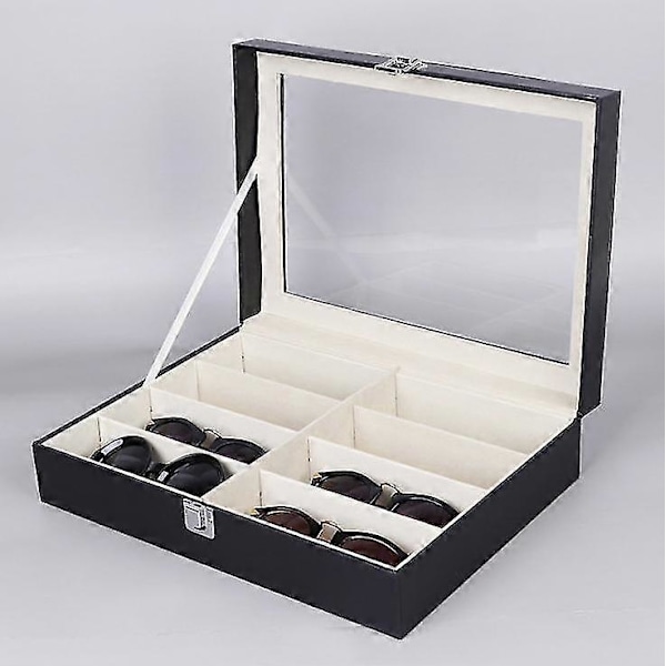 Läder 8 Delars Förvaring för Glasögon och Solglasögon Display Låda Låsbar Fodral Organizer, svart