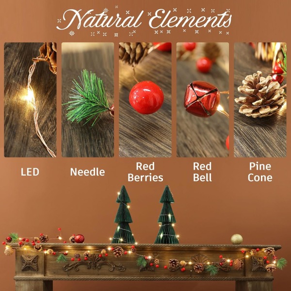 6.6FT Christmas Pinecones Lights, 20 LEDs Xmas Garland Red Berry, Bel