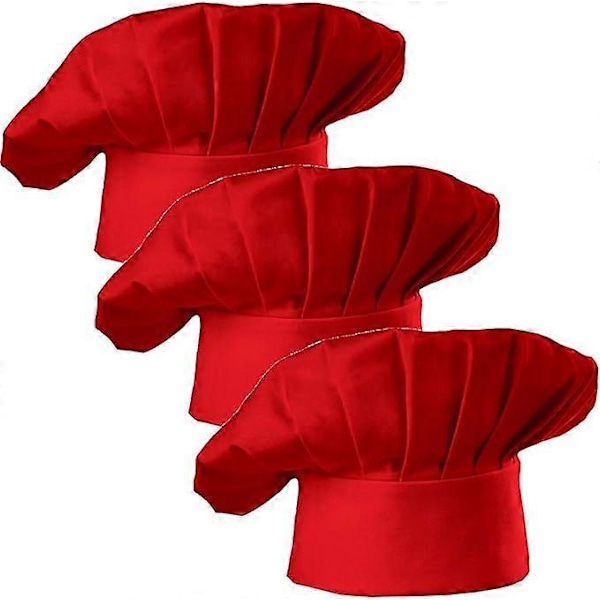 Set med 3 st. kockmössor för vuxna, justerbar elastisk bakarmössa för kök, matlagning, kockmössa, 3 delar Red