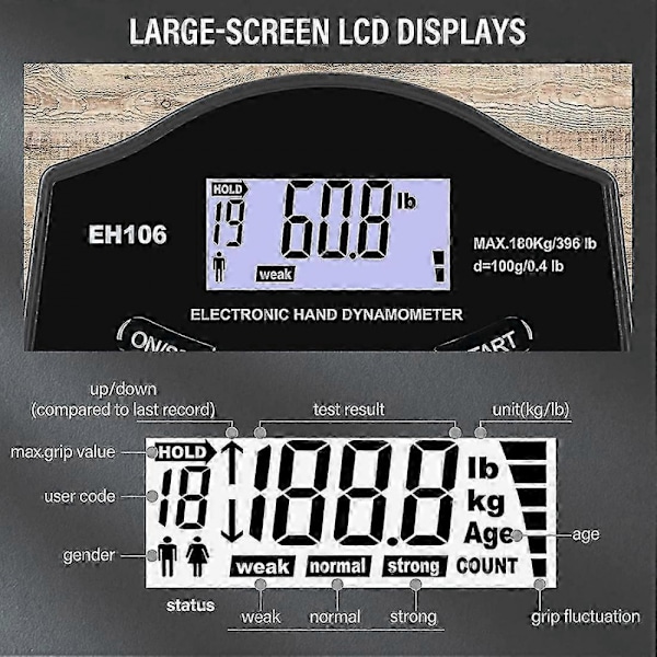 Grip Strength Tester, 396Lbs/180Kg Digital Hand Dynamometer Greppstyrkemätare USB LCD-skärm Handversion