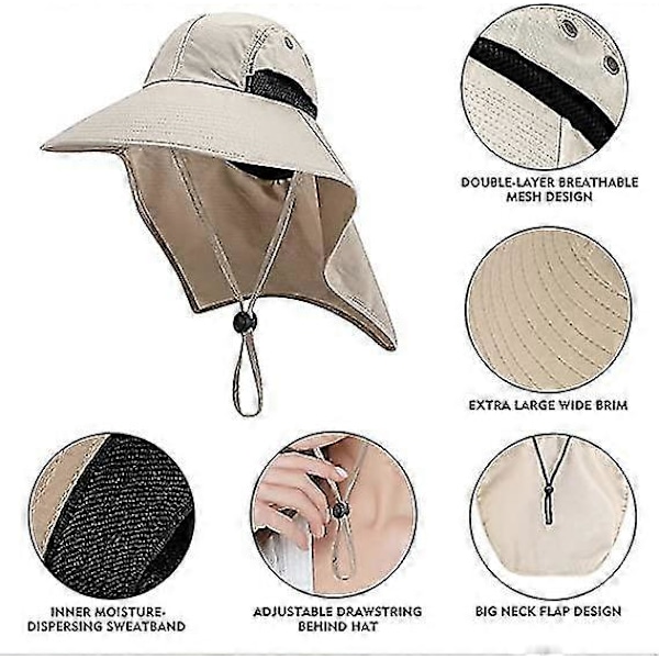 Solhatt för damer med nackskydd, bredbrättad trädgårdshatt för män Safarihatt Upf 50+ UV-skydd Fiske Vandring Strandhatt, Khaki