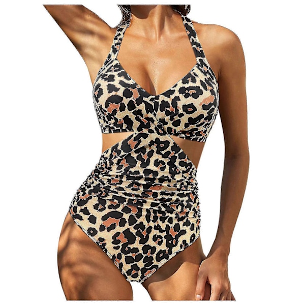 Kvinnor främre kors urklippt baddräkt i ett stycke magkontroll badkläder tankini monokini strandkläder Khaki XXL