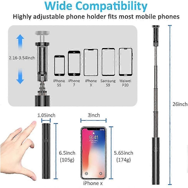 Selfie Stick Bluetooth, Lättviktig Aluminium Allt-i-ett Utdragbar Selfiepinne Kompakt Design, Kompatibel Med Iphone 13/13 Pro Max/12 Pro/12/11 Pro
