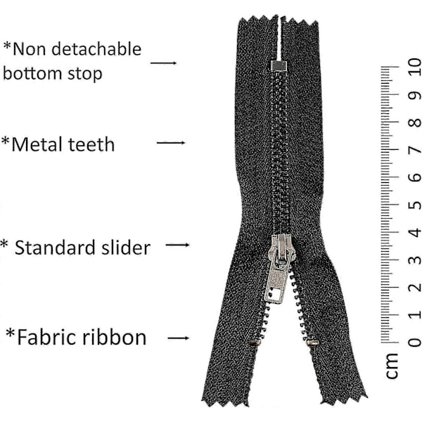 C61493 - Paket med 10 Dragkedjor/blixtlås N4 Icke-separerbara 10 cm I Metall Med Enkel