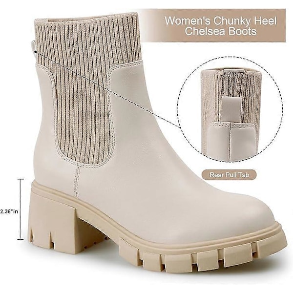 Dam Chelsea Boots Elastisk Slip On Chunky Heel Lug Sole Platform Stövlar Mode Ankelboots beige US7