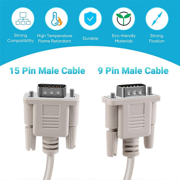 1.4M RS232 DB9 9-stift Hane till VGA Video 15-stift Hane Adapterkabel Ljusgrå