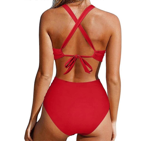 Kvinnor främre kors urklippt baddräkt i ett stycke magkontroll badkläder tankini monokini strandkläder Red XXL