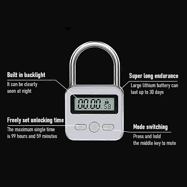 Metall Timerlås, 99 Timmar Max Timerlås, USB Uppladdningsbart Timerhänglås med LCD-Display, Multifunktionell Mikroelektronisk Timer Silver