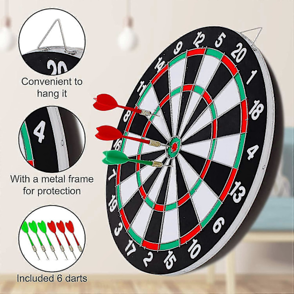 Darttavla Set, dubbelsidig 15 tums darttavla med 6 mässings-plast dartpilar, man cave-grejer för vuxna, barer, arkadhallar, biljardrum, familjefritid