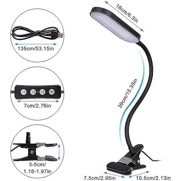Klämlampa för Skrivbord, Flexibel LED Läslampa med Justerbart Ljus i 3 Färger