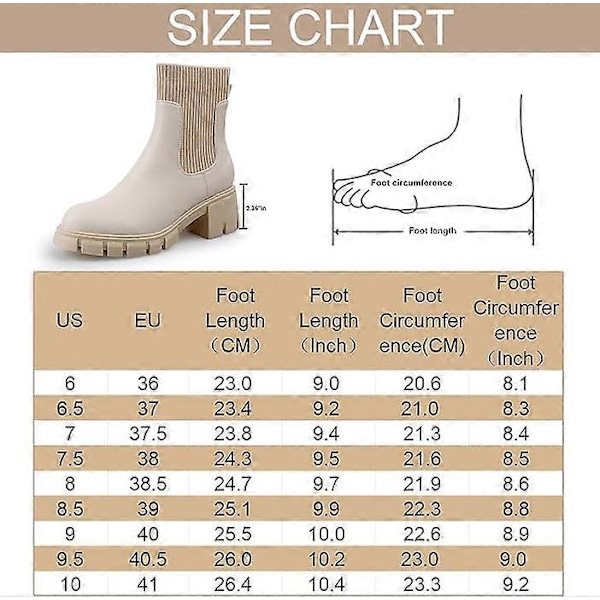 Dam Chelsea Boots Elastisk Slip On Chunky Heel Lug Sole Platform Stövlar Mode Ankelboots beige US7