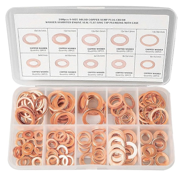 200 Delar Massiv Kopparpackningsset, 9 Storlekar Metriska Koppartätningsringar Sortimentskit, Kopparskivor Hårdvarutillbehör Brickor Kit Rund