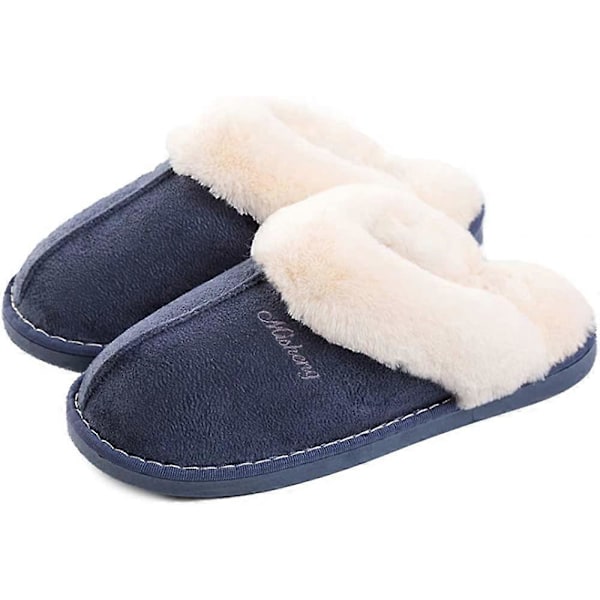 Damtofflor Memory Foam Mjuka Slip-on Inneskor Mocka Fodrade med Fuskpäls Halkfri Sula Inomhus &amp; Utomhus Blue 7-8 UK