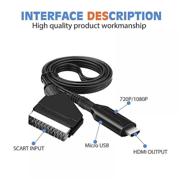 Scart till HDMI-kabel - Scart till HDMI-adapter - Allt-i-ett Scart till HDMI Audio Video Converter 1080p/720p