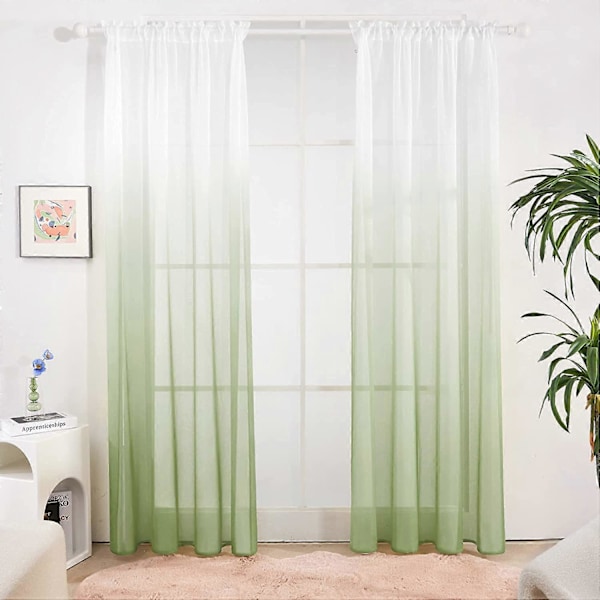 Halvtransparenta gardiner - Fusklinne gröna voilegardiner, 2 paneler, Stångficka gradient transparenta gardiner för sovrum Reseda Green 100x200cm