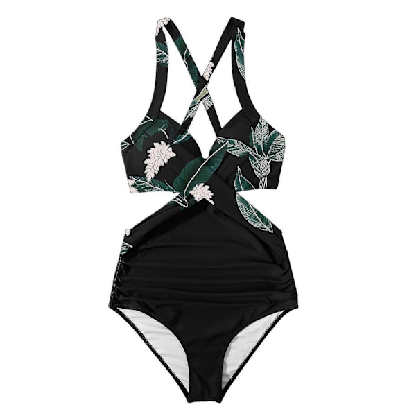 Kvinnor främre kors urklippt baddräkt i ett stycke magkontroll badkläder tankini monokini strandkläder Black XXL