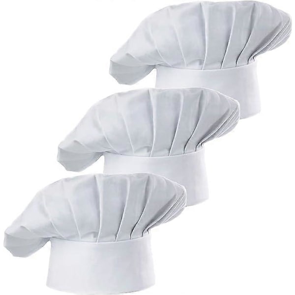 Set med 3 st. kockmössor för vuxna, justerbar elastisk bakarmössa för kök, matlagning, kockmössa, 3 delar white