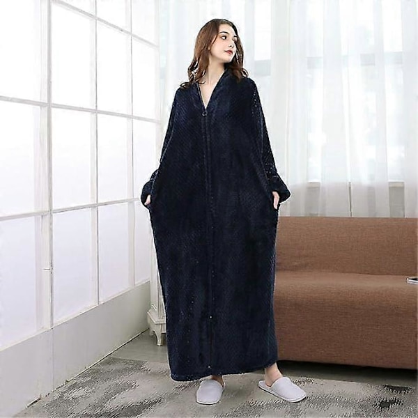 Dam Zip Fleece Våfflad Lång Morgonrock Fluffig Handduksbadrock Sovplagg Navy M