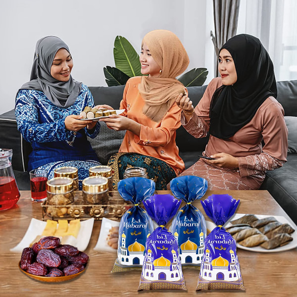 100 bitar Ramadan presentpåsar, blå och lila godispåsar