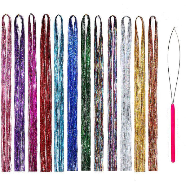 Hår Tinsel Kit Strands With Tool 47inch 12 Colors Strands Fair 12 färger