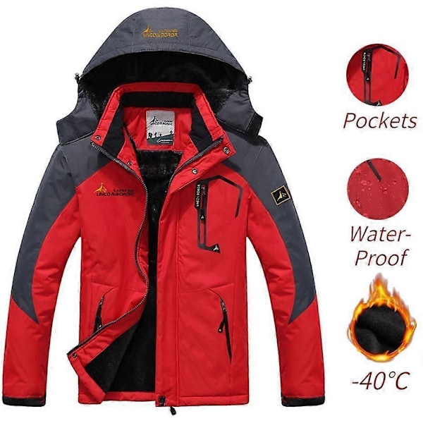 Vinterjacka för män, skidjacka, snowboardjacka, fleece med huva, vindtät, lättviktsjackor, snöjacka för berg, parkas Red 4XL