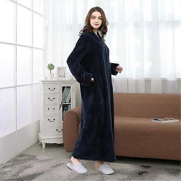 Dam Zip Fleece Våfflad Lång Morgonrock Fluffig Handduksbadrock Sovplagg Navy M