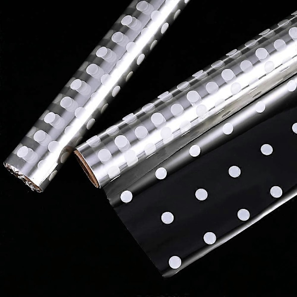 Cellofanpapper med vita prickar för presentkorgar, 2 rullar 15m*41cm cellofanpapper, för födelsedagspresenter och påskkorgsinpackning