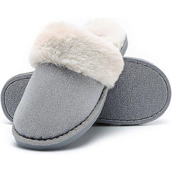 Damtofflor Memory Foam Mjuka Slip-on Inneskor Mocka Fodrade med Fuskpäls Halkfri Sula Inomhus &amp; Utomhus Light Grey006 7-8 UK