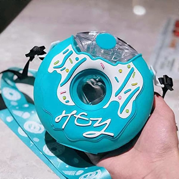 Merrwon Donut Vattenflaska 380ml Söt Vattenflaska Med Sugrör Återanvändbar Läcksäker Plast Dricksvattenflaskor Donut Drickflaska för Skola Camping Spo Blue