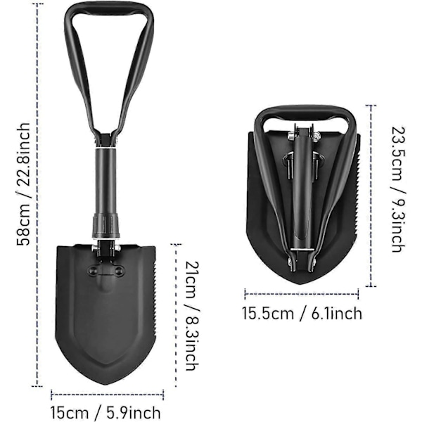58 cm hopfällbar spade, ultrastabil höghållfast multifunktionell spade i kolstål med bärväska, (svart)