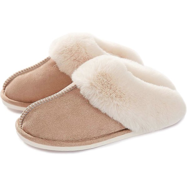 Damtofflor Memory Foam Mjuka Slip-on Inneskor Mocka Fodrade med Fuskpäls Halkfri Sula Inomhus &amp; Utomhus Khaki1805 3.5-5 UK
